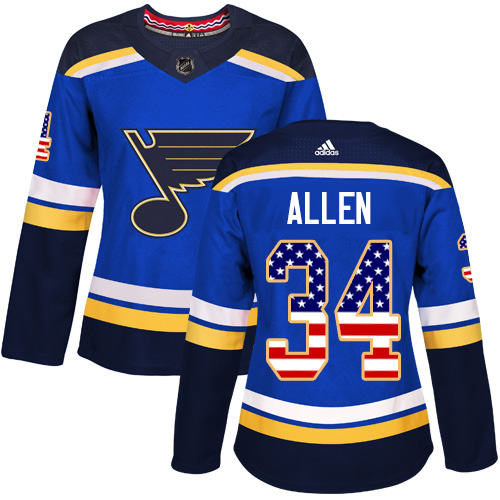 Adidas Blues #34 Jake Allen Blue Home Authentic USA Flag Women's Stitched NHL Jersey